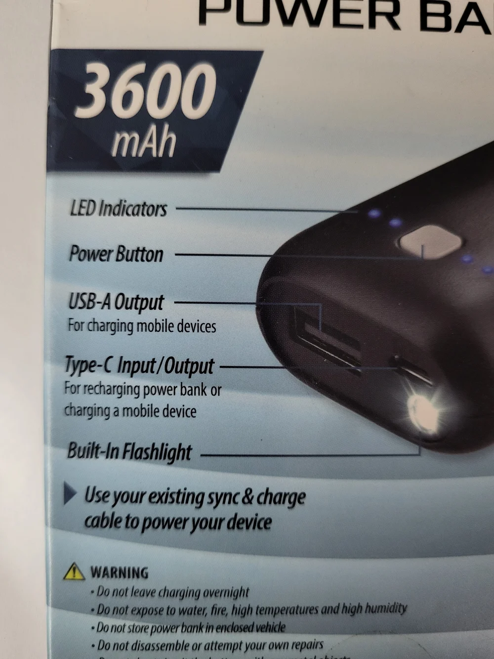 Type-C & USB Power Bank 3600mAh - Black